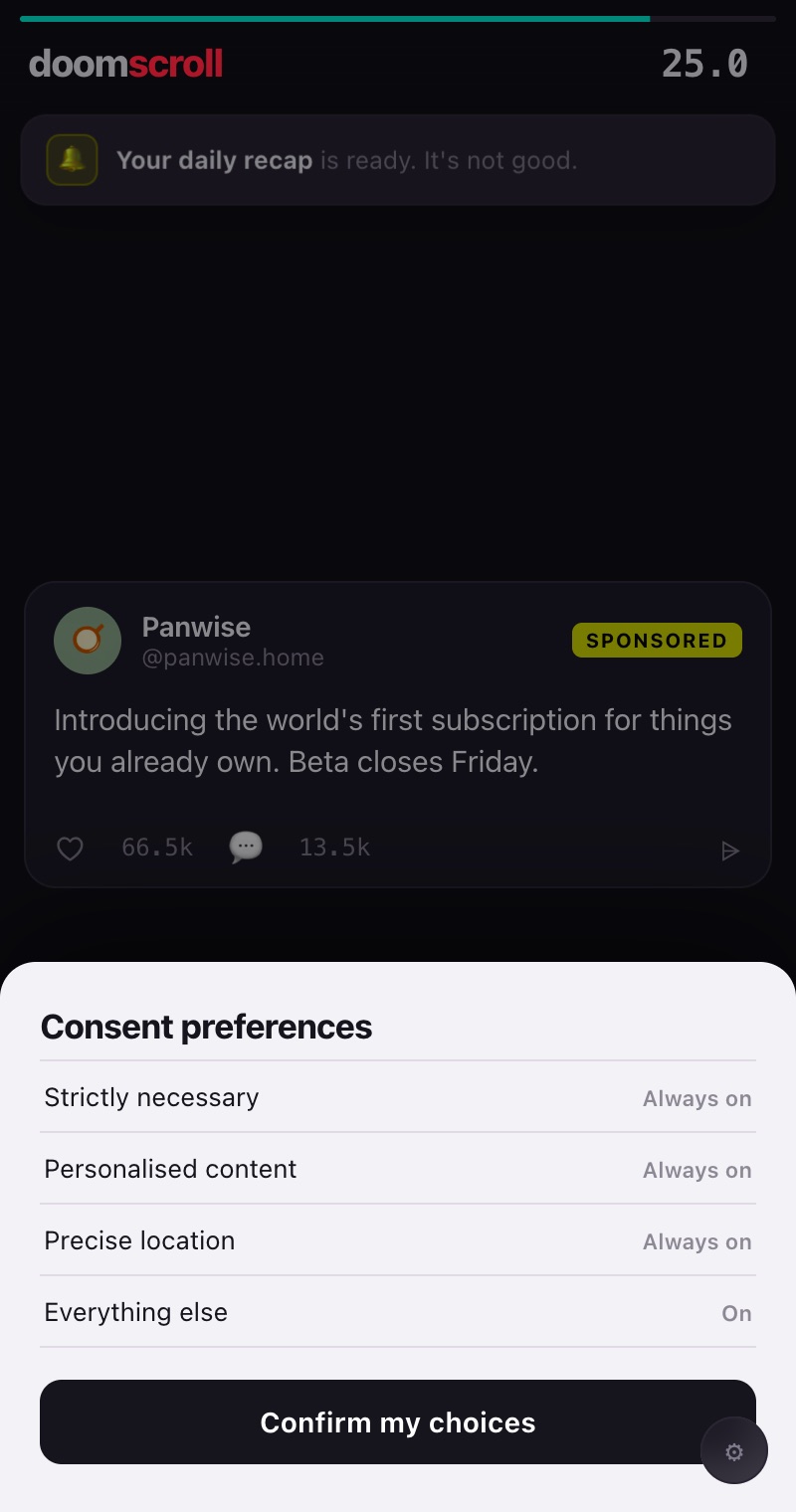 A consent preferences sheet where every option is always on