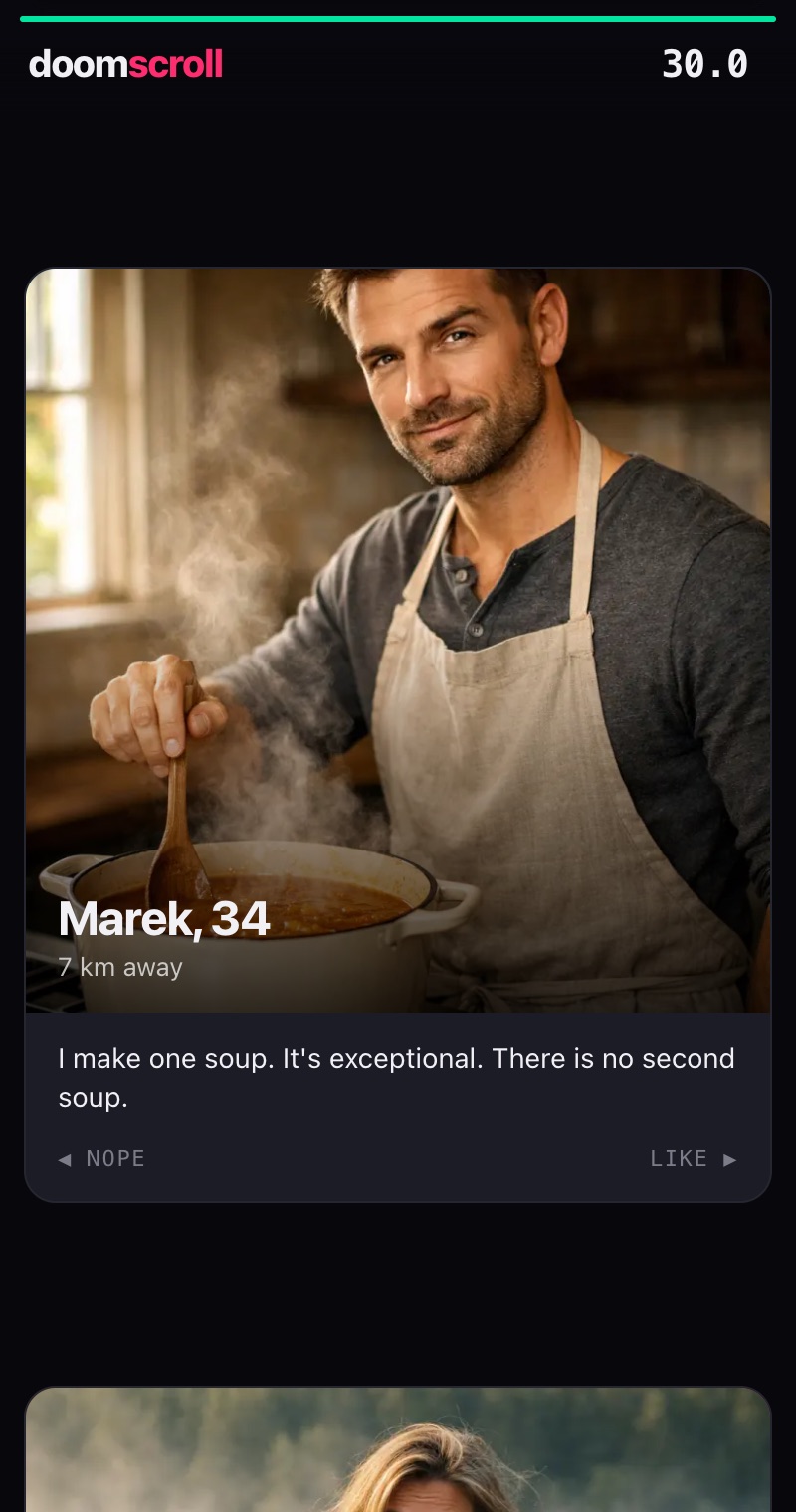 A dating profile in the feed: Marek, 34, who makes one soup